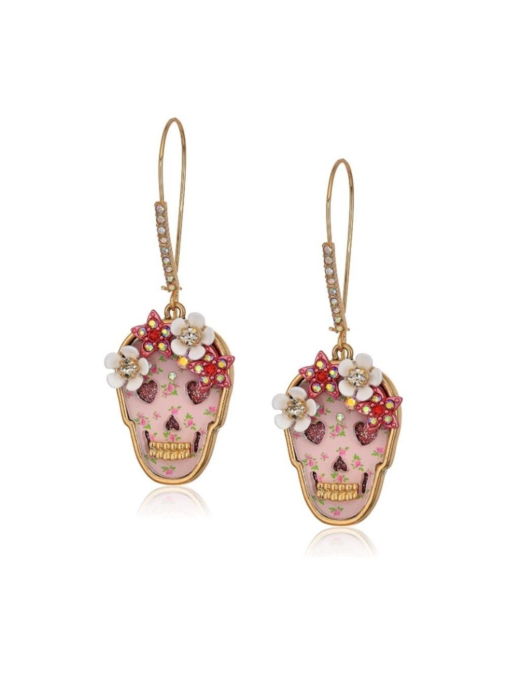 Betsey Johnson Halloween Sugar Skull Drop Earrings Pink New